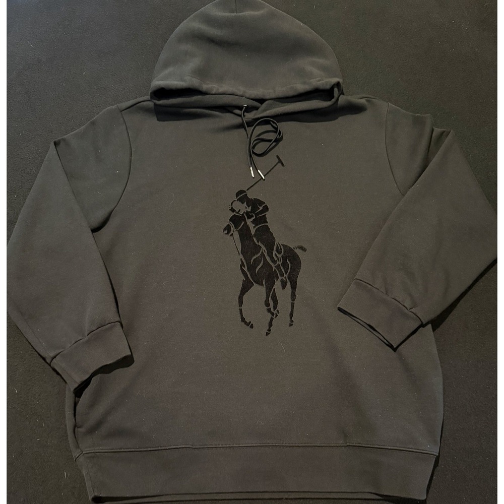 Polo Ralph Lauren Double Knit Big Pony Black On Black Hooded Sweatshirt Mens XL‎
